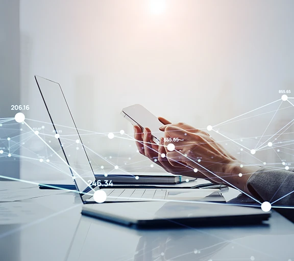 Person using devices connected by network infrastructure