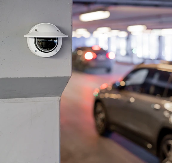 Axis security camera viewing a parking garage