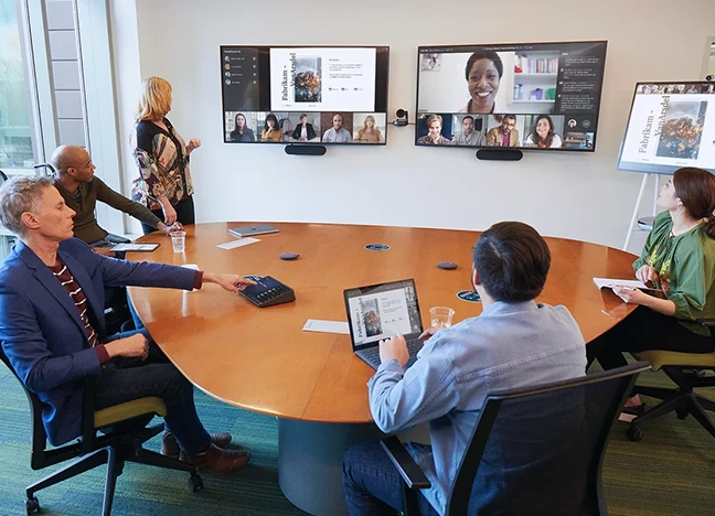 business team using audio and video room