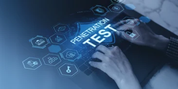 Penetration Test on Digital Interface | High Point Networks Cybersecurity concept: hands typing on a laptop with a glowing 'Penetration Test' HUD and floating security icons nearby.