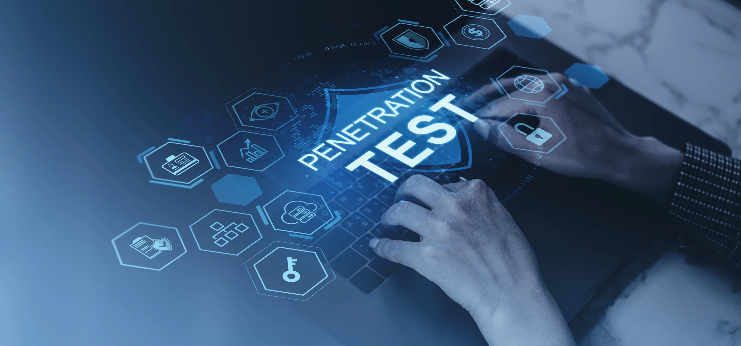 Penetration Test on Digital Interface Cybersecurity concept: hands typing on a laptop with a glowing 'Penetration Test' HUD and floating security icons nearby.