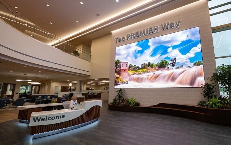 Daktronics video wall in a lobby space