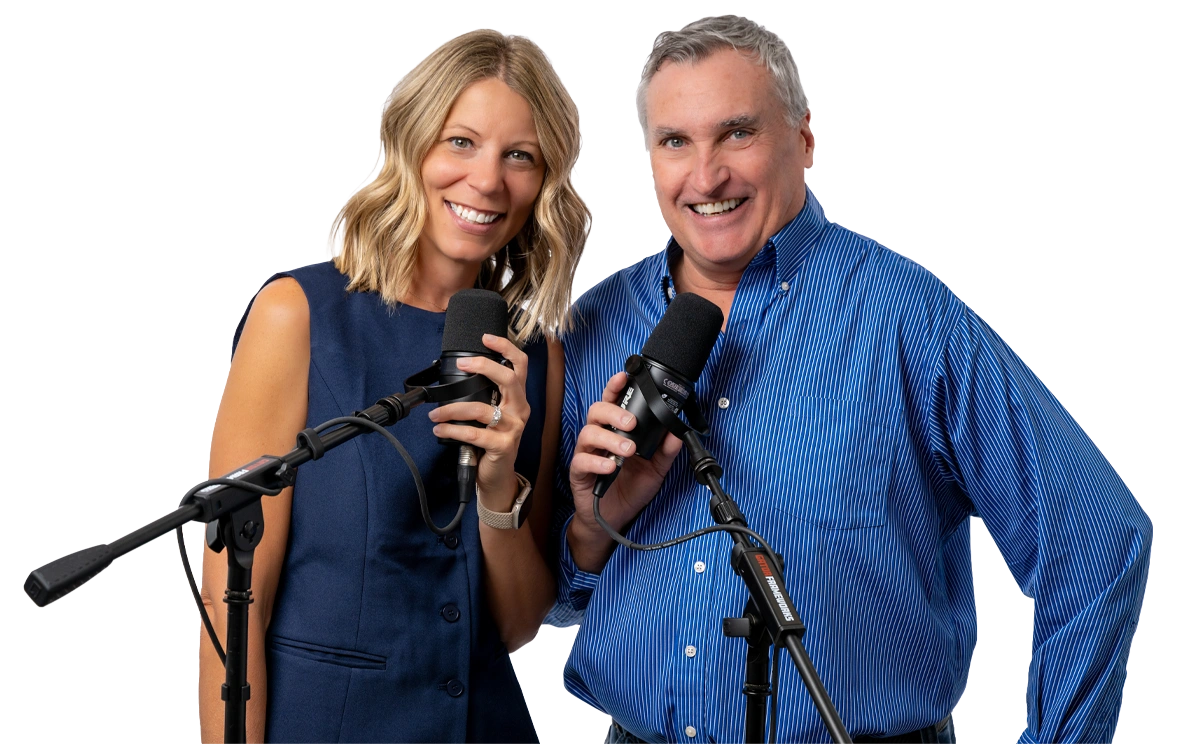 Get to the Point podcast hosts holding microphones